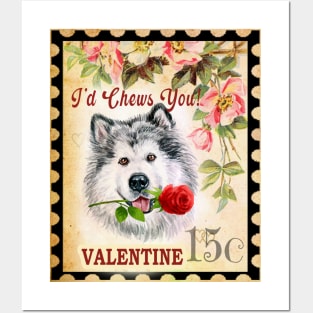 Alaskan Malamute Vintage Valentine Funny Dog With Rose Posters and Art